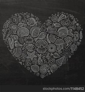 Chalkboard vector hand drawn set of Underwater life cartoon doodle objects, symbols and items. Heart form composition. Chalkboard set of marine life objects