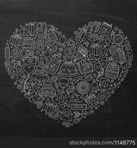 Chalkboard vector hand drawn set of Wedding cartoon doodle objects, symbols and items. Heart form composition. Set of Wedding cartoon doodle objects