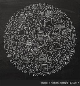 Chalkboard vector hand drawn set of Wedding cartoon doodle objects, symbols and items. Round composition. Set of Wedding cartoon doodle objects