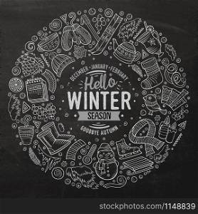 Chalkboard vector hand drawn set of Winter cartoon doodle objects, symbols and items. Round frame composition. Set of Winter cartoon doodle objects, symbols and items