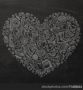 Chalkboard vector hand drawn set of Winter cartoon doodle objects, symbols and items. Heart form composition. Set of Winter cartoon doodle objects, symbols and items