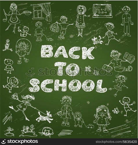 Chalkboard with green surface. Set of Kid&rsquo;s drawing - childish style picture and handwritten words BACK TO SCHOOL.