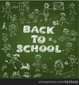 Chalkboard with green surface. Set of Kid&rsquo;s drawing - childish style picture and handwritten words BACK TO SCHOOL.