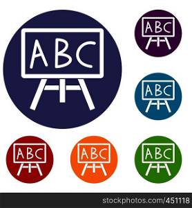 Chalkboard with the leters ABC icons set in flat circle reb, blue and green color for web. Chalkboard with the leters ABC icons set