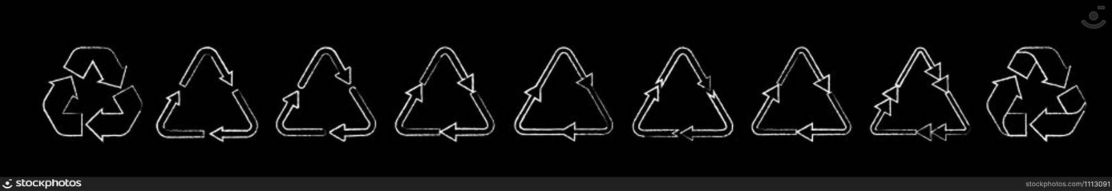Chalked recycle triangle arrow symbols set vector illustration. White chalk style pictograms of reuse or recycling process, arrow cycle in triangle isolated on blackboard for enviromental infographic. Chalked recycle triangle arrow symbols vector set