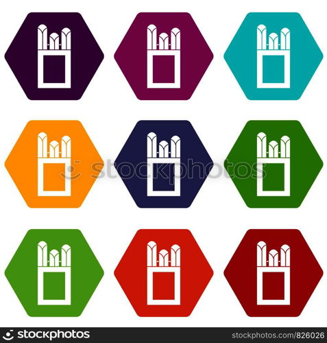 Chalks in carton box icon set many color hexahedron isolated on white vector illustration. Chalks in carton box icon set color hexahedron