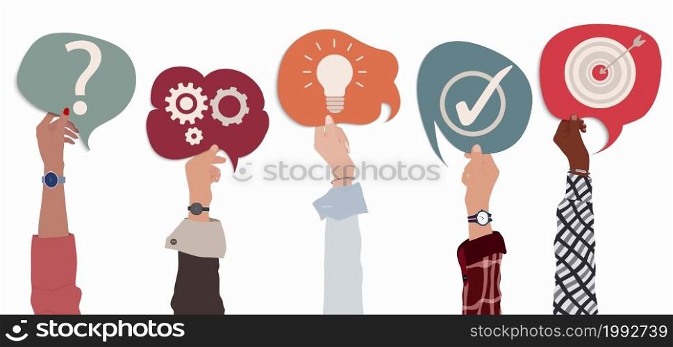 Challenge and choice strategy metaphor for solving problems. Team multiethnic business people with raised arms holding speech bubble in hand with symbolism of solution to problem concept