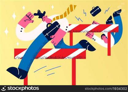 Challenge, business success, achievement and competition concept. Young smiling businessman cartoon character jumping over let while his colleague falling down vector illustration . Challenge, business success, achievement and competition concept.