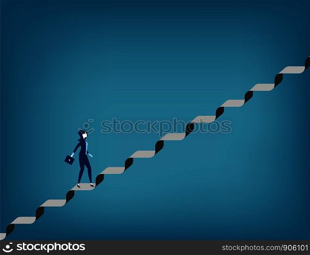 Challenge. Businesswoman walking up staircase. Concept business illustration. Vector flat