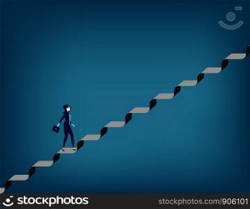 Challenge. Businesswoman walking up staircase. Concept business illustration. Vector flat