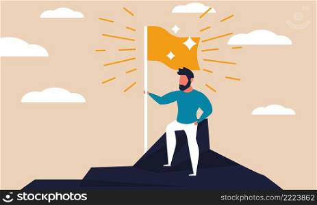 Challenge concept with man on hill mountain and climb high. People motivation illustration vector and character strategy direction. Triumph reach goal and ambition solution. Business career peak