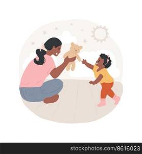 Challenge isolated cartoon vector illustration. Raising children, child learns to walk, baby challenged to reach out for toy, parents encourage kid to come closer, family life vector cartoon.. Challenge isolated cartoon vector illustration.
