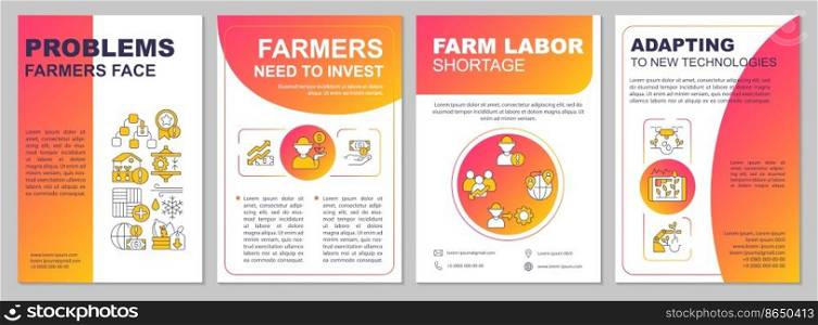 Challenges farmers face red gradient brochure template. Agriculturing issues. Leaflet design with linear icons. 4 vector layouts for presentation, annual reports. Arial, Myriad Pro-Regular fonts used. Challenges farmers face red gradient brochure template