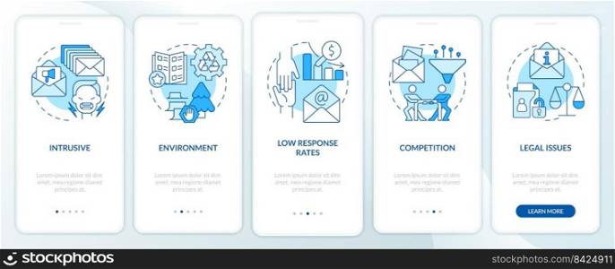 Challenges of direct marketing blue onboarding mobile app screen. Walkthrough 5 steps editable graphic instructions with linear concepts. UI, UX, GUI template. Myriad Pro-Bold, Regular fonts used. Challenges of direct marketing blue onboarding mobile app screen
