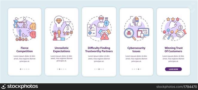 Challenges of launching startup onboarding mobile app page screen. Business walkthrough 5 steps graphic instructions with concepts. UI, UX, GUI vector template with linear color illustrations. Challenges of launching startup onboarding mobile app page screen
