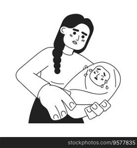 Challenges of motherhood monochrome concept vector spot illustration. Baby crying on mother hands 2D flat bw cartoon characters for web UI design. Parenting isolated editable hand drawn hero image. Challenges of motherhood monochrome concept vector spot illustration