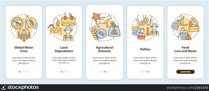 Challenges to achieving food security onboarding mobile app screen. Walkthrough 5 steps graphic instructions pages with linear concepts. UI, UX, GUI template. Myriad Pro-Bold, Regular fonts used. Challenges to achieving food security onboarding mobile app screen