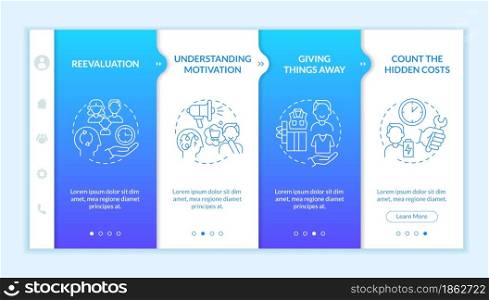 Challenging consumerism blue gradient onboarding vector template. Responsive mobile website with icons. Web page walkthrough 4 step screens. color concept with linear illustrations. Challenging consumerism blue gradient onboarding vector template