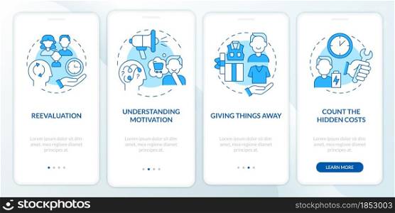 Challenging consumerism blue onboarding mobile app page screen. Excessive buying walkthrough 4 steps graphic instructions with concepts. UI, UX, GUI vector template with linear color illustrations. Challenging consumerism blue onboarding mobile app page screen