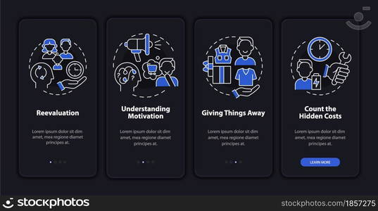 Challenging consumerism dark onboarding mobile app page screen. Purchasing walkthrough 4 steps graphic instructions with concepts. UI, UX, GUI vector template with linear night mode illustrations. Challenging consumerism dark onboarding mobile app page screen