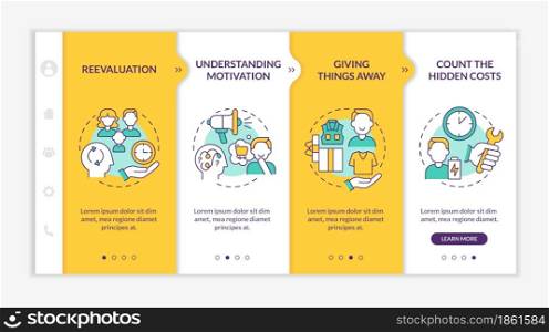Challenging consumerism yellow onboarding vector template. Responsive mobile website with icons. Web page walkthrough 4 step screens. Avoid excessive buying color concept with linear illustrations. Challenging consumerism yellow onboarding vector template