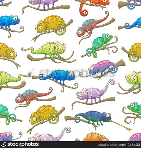 Chameleon lizards vector seamless pattern. Reptile animals background of exotic colorful chameleons with camouflage patterns sitting on jungle forest tree branches, tropical lizard animals backdrop. Chameleon lizard animals seamless pattern