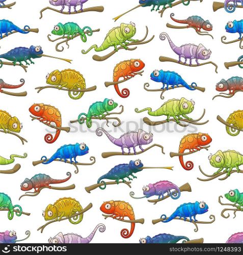Chameleons seamless pattern of exotic lizard animals. Vector background with colorful chameleon reptiles sitting on branches with camouflage spots and stripes, long tails and tongues, animal backdrop. Chameleon lizard animals seamless pattern