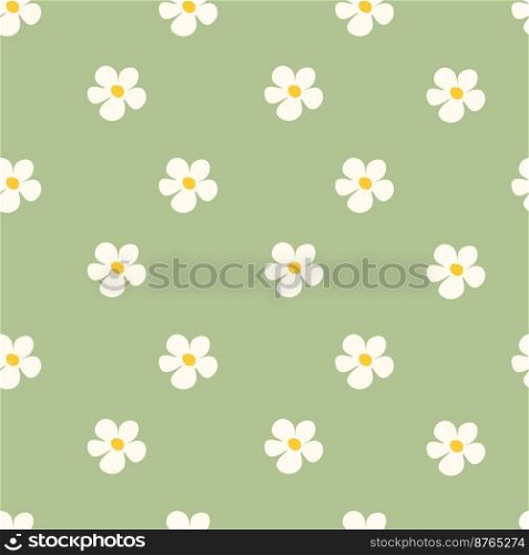 Chamomile floral seamless pattern on green background. Small summer flowers in simple cartoon doodle style perfect for textile, wallpaper, fabric.Vector illustration