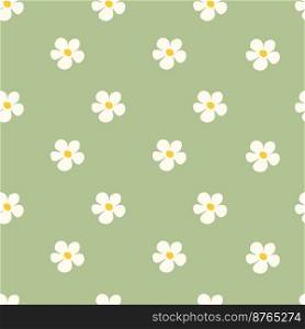Chamomile floral seamless pattern on green background. Small summer flowers in simple cartoon doodle style perfect for textile, wallpaper, fabric.Vector illustration