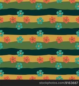 Chamomile flower endless background. Abstract floral seamless pattern in simple style. Design for fabric, textile print, wrapping, cover. Vector illustration. Chamomile flower endless background. Abstract floral seamless pattern in simple style.