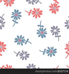 Chamomile flower seamless pattern in naive art style. Cute little daisy floral ornament wallpaper. Simple design for fabric, textile print, wrapping, cover. Vector illustration. Chamomile flower seamless pattern in naive art style. Cute little daisy floral ornament wallpaper.