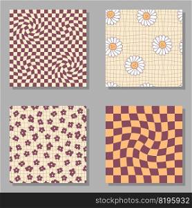Chamomile flowers, trippy grid, wavy checkerboard seamless pattern set. Groovy vector background for decor and design.