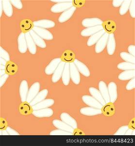 Chamomile smile 1970 pattern. Groovy daisy retro seamless pattern. Hippie Aesthetic. Chamomile smile 1970 pattern. Groovy daisy retro seamless pattern