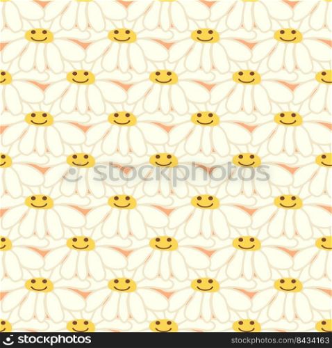 Chamomile smile 1970 pattern. Groovy daisy retro seamless pattern. Positive colorful iilustration. 70s vibe hippie ornament. Floral wallpaper. Groovy daisy retro seamless pattern. Positive colorful iilustration. 70s vibe hippie ornament.