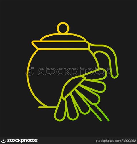 Chamomile tea gradient vector icon for dark theme. Herbal tea reduces anxiety, digestive issues. Takes medicinal effect. Thin line color symbol. Modern style pictogram. Vector isolated outline drawing. Chamomile tea gradient vector icon for dark theme