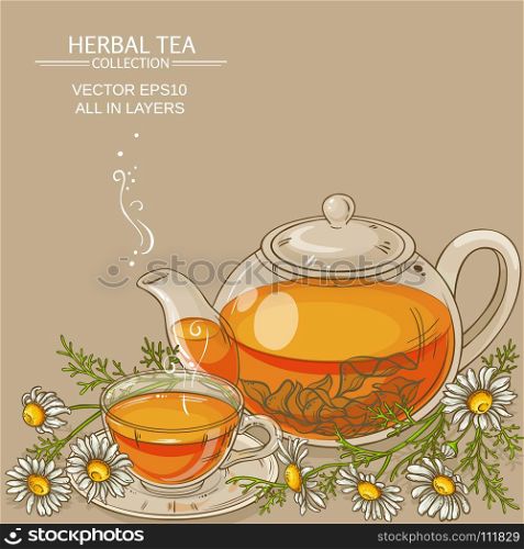 chamomile tea illustration. cup of chamomile tea and teapot on color background