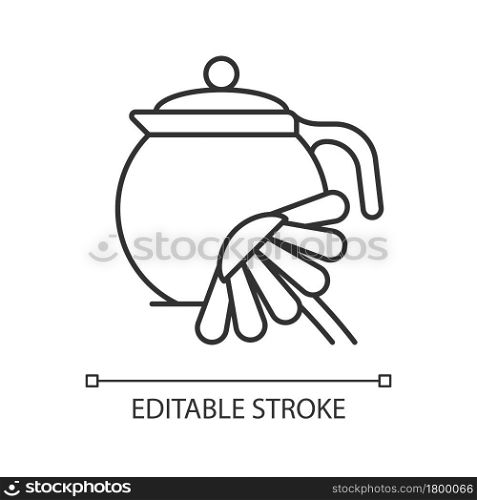 Chamomile tea linear icon. Herbal tea reduces anxiety, digestive issues. Takes medicinal effect. Thin line customizable illustration. Contour symbol. Vector isolated outline drawing. Editable stroke. Chamomile tea linear icon
