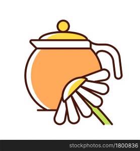 Chamomile tea RGB color icon. Herbal tea reduces anxiety and digestive issues. Soothing infusion helps get sleep. Takes medicinal effect. Isolated vector illustration. Simple filled line drawing. Chamomile tea RGB color icon