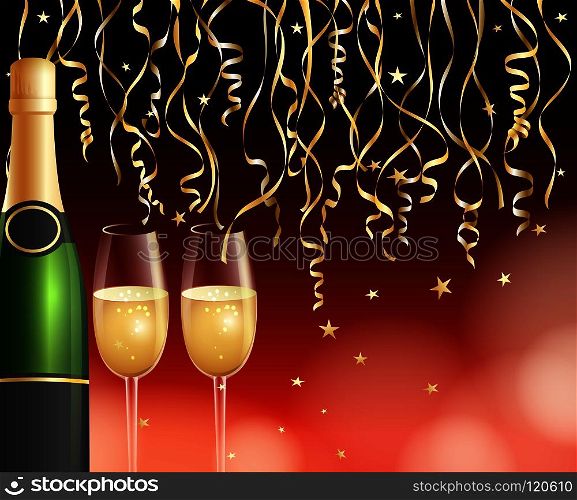 Champagne and confetti background. Champaign glasses festive vector background, luxury celebration toast concept for romantic couple dinner or new yea. Champagne and confetti background