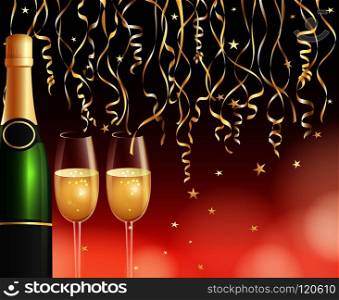 Champagne and confetti background. Champaign glasses festive vector background, luxury celebration toast concept for romantic couple dinner or new yea. Champagne and confetti background