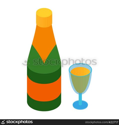 Champagne and glass isometric icon. Colored single symbol on a white background. Champagne and glass isometric icon