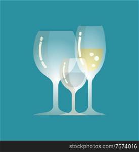 Champagne and water poured in glass vector, served liquids isolated icon. Restaurant sparkling alcoholic beverage, serving of alcohol on special occasion. Champagne and Water Poured in Glass Isolated Icons
