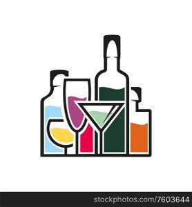 Champagne and wine, brandy and martini spirits, alcohol drinks isolated. Vector cocktail glasses. Cocktail glasses and bottles with booze isolated