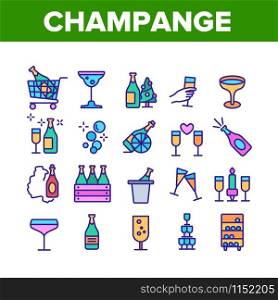 Champagne Beverage Collection Icons Set Vector Thin Line. Bottle Champagne In Bucket And Box, Glasses With Alcoholic Drink Concept Linear Pictograms. Color Illustrations. Champagne Beverage Collection Icons Set Vector