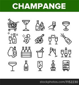 Champagne Beverage Collection Icons Set Vector Thin Line. Bottle Champagne In Bucket And Box, Glasses With Alcoholic Drink Concept Linear Pictograms. Monochrome Contour Illustrations. Champagne Beverage Collection Icons Set Vector