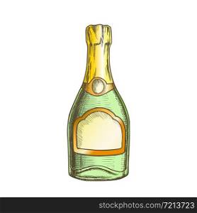 Champagne Blank Bottle Alcohol Color Vector. Sparkling Winery Alcoholic Champagne. Luxury Bubbly Beverage Engraving Template Hand Drawn In Vintage Style Illustration. Champagne Blank Bottle Alcohol Color Vector