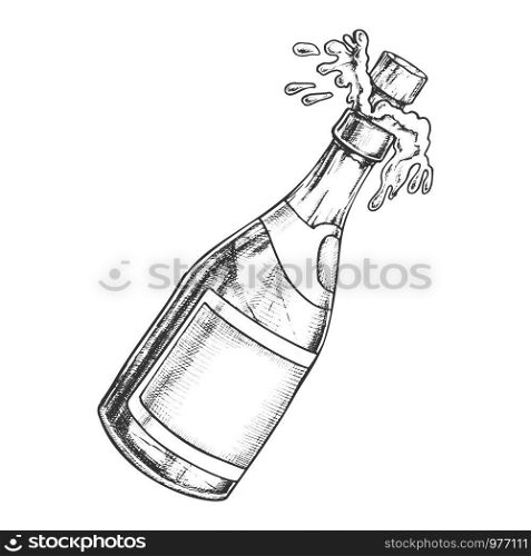 Champagne Blank Bottle Explosion Monochrome Vector. Opening With Splashes Alcohol Champagne. Luxury Bubbly Drink Liquid Engraving Template Hand Drawn In Retro Style Black And White Illustration. Champagne Blank Bottle Explosion Monochrome Vector