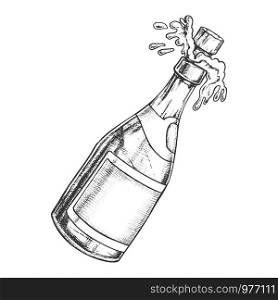 Champagne Blank Bottle Explosion Monochrome Vector. Opening With Splashes Alcohol Champagne. Luxury Bubbly Drink Liquid Engraving Template Hand Drawn In Retro Style Black And White Illustration. Champagne Blank Bottle Explosion Monochrome Vector