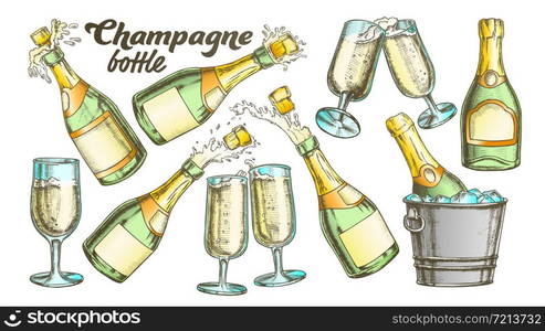 Champagne Bottle And Glass Color Set Vector. Collection Of Sparkling Winery Alcoholic Champagne And Glassware. Beverage Engraving Template Designed In Vintage Style Illustrations. Champagne Bottle And Glass Color Set Vector