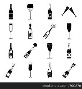 Champagne bottle glass icons set. Simple illustration of 16 champagne bottle glass vector icons for web. Champagne bottle glass icons set, simple style